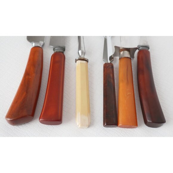 Vintage 6 Bakelite Utensils Meat Forks Carving Knife Spoon Knife Large Spoon Lot - Picture 3 of 9